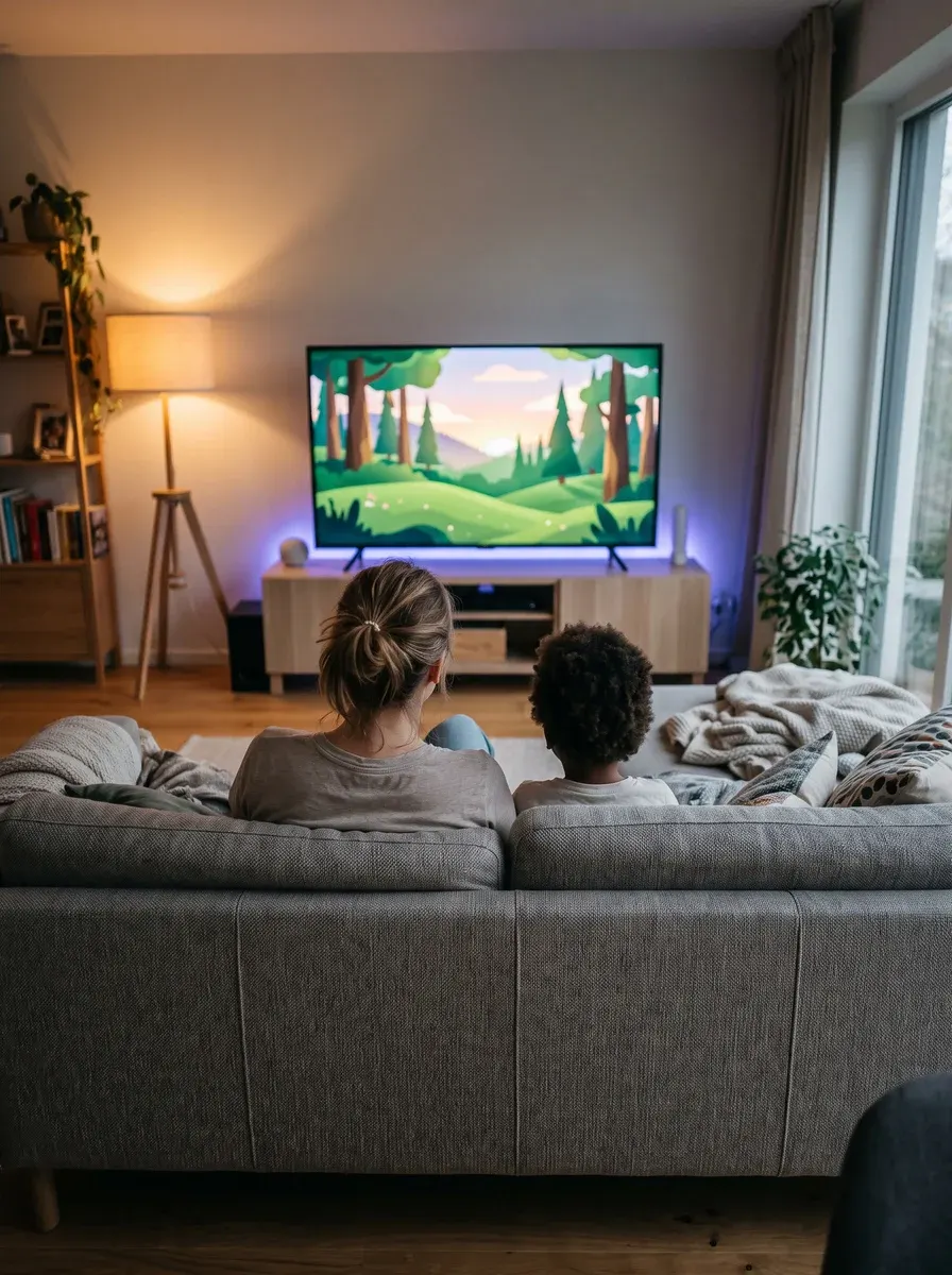 Un parent et son enfant regardent un programme jeunesse sur le téléviseur du salon