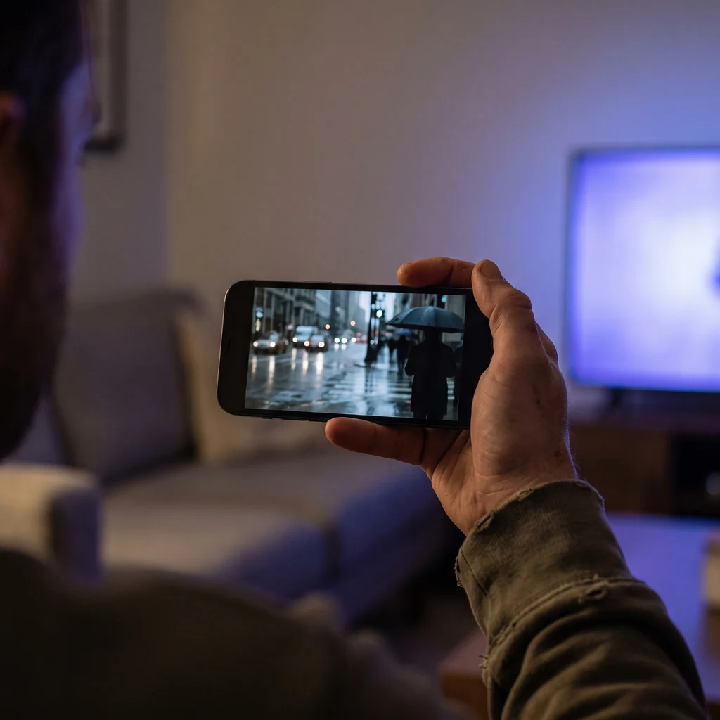 Un film regardé sur smartphone dans le salon, le téléviseur allumé en arrière-plan