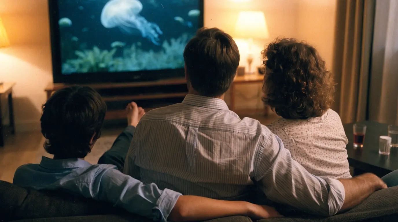 Des amis réunis devant un programme diffusé en direct sur grand écran