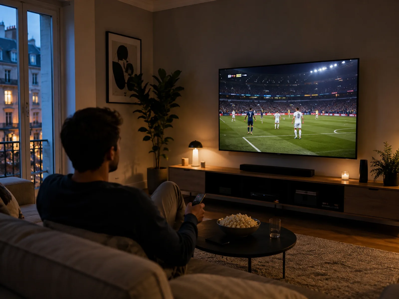 Homme regardant un match de football en direct sur un grand t&eacute;l&eacute;viseur dans un salon le soir
