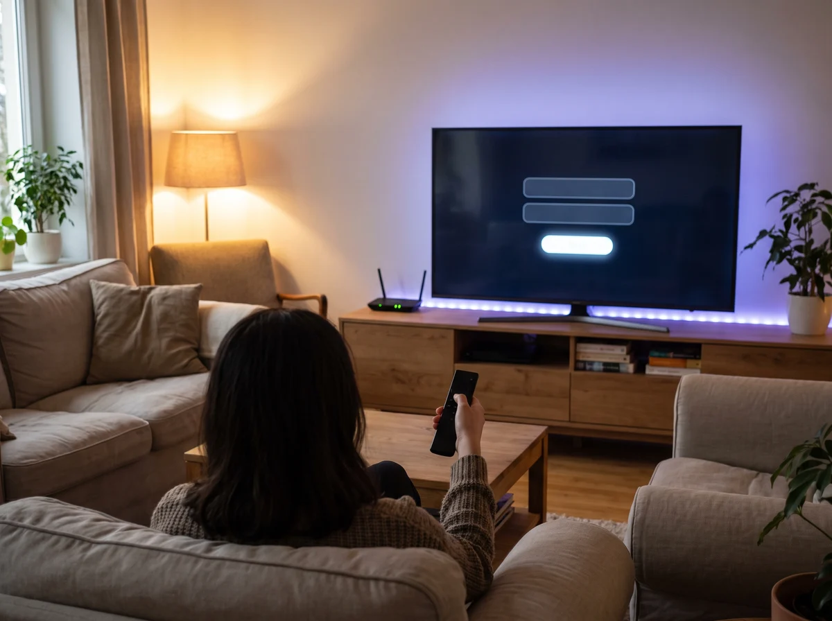 Installation d un abonnement IPTV sur une Smart TV dans un salon, telecommande en main