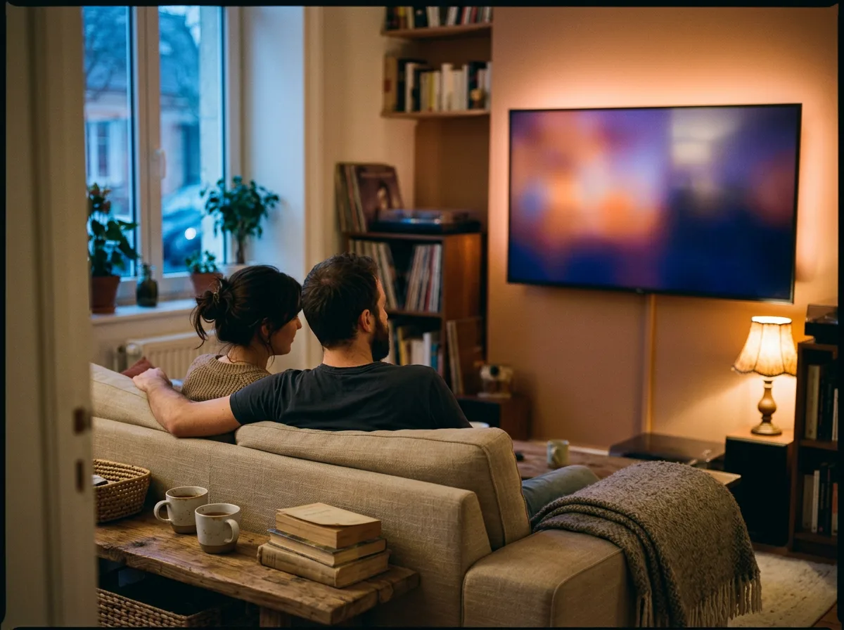 Un couple profite d'une soirée télévision à la maison avec un abonnement IPTVMAX