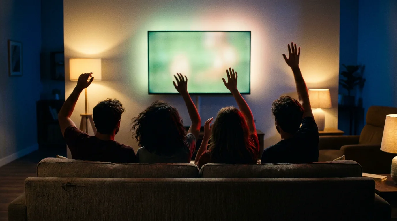 Des amis célèbrent ensemble un moment sportif diffusé en direct