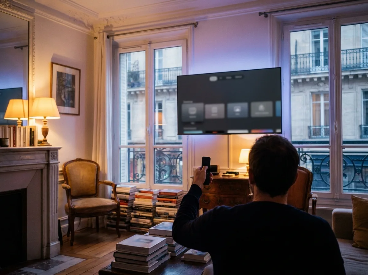 Installation d un abonnement IPTV sur une Smart TV dans un salon, telecommande en main