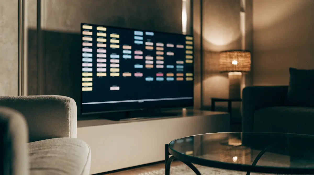 Grille de programmes EPG affichée sur un téléviseur avec une horloge symbolisant un décalage d’horaires du guide TV IPTV